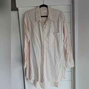 Anthropologie Pink And White Striped Button Up With Green Stitching